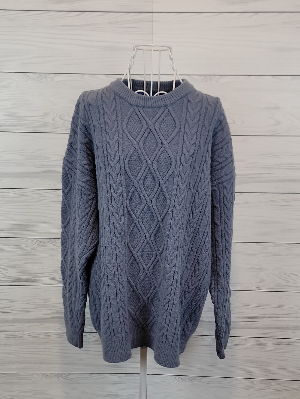 Aelfric Eden Diamond Cable Crewneck Sweater in Slate Blue Grey Womens Size XL